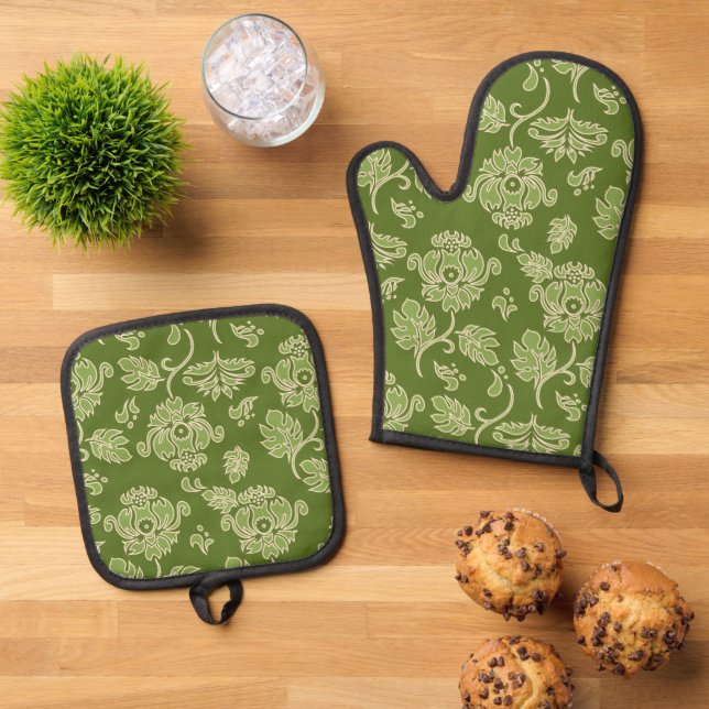 Kamaole Hawaiian Protea Tropical Floral Green Oven Mitt & Pot Holder Set (Top Down)