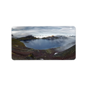 Kamchatka panorama view of crater lake of volcano label