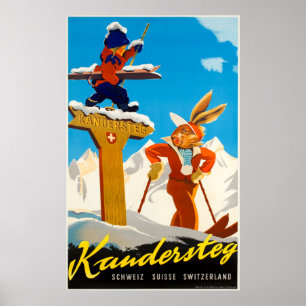 Kandersteg Switzerland Vintage Travel Ski Poster