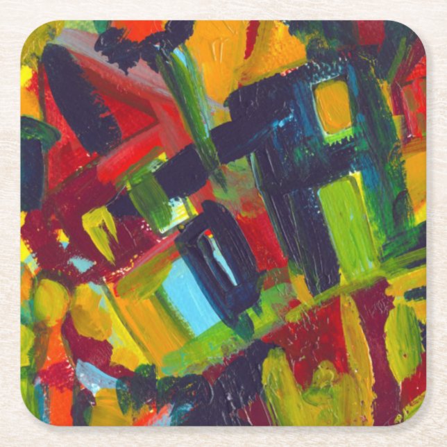 Kandinsky '304' Colourful Abstract Painting Square Paper Coaster (Front)