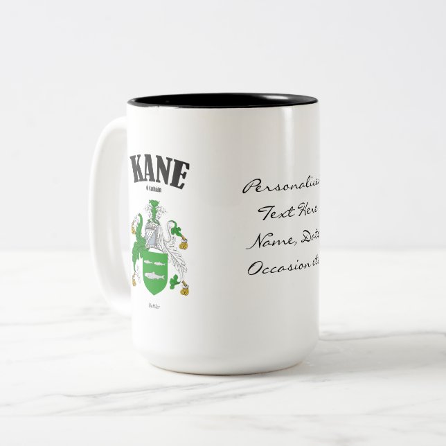Kane Family Crest, Translation & Meaning Two-Tone Coffee Mug (Front Left)