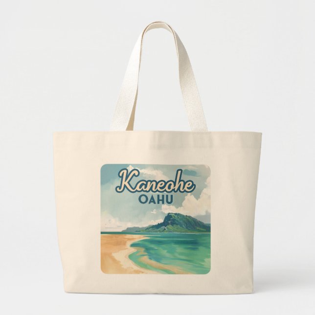 Kaneohe Sandbar Oahu Hawaii Retro Large Tote Bag (Front)