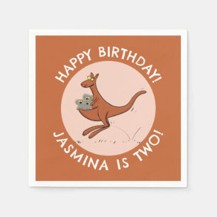 Kangaroo and koalas personalised cartoon birthday napkin