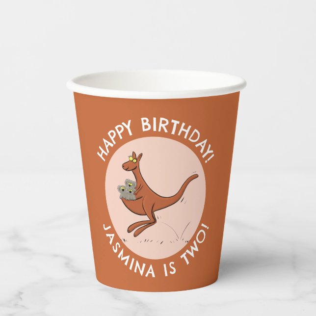 Kangaroo and koalas personalised cartoon birthday paper cups (Front)