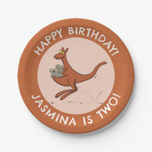 Kangaroo and koalas personalised cartoon birthday paper plate