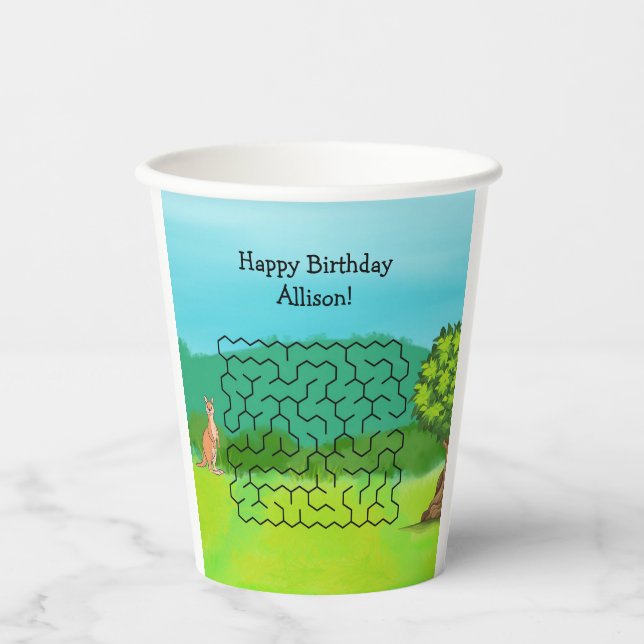 Kangaroo and Leaves Maze Birthday Paper Cups (Front)