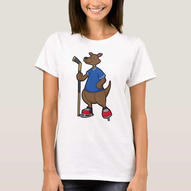 Kangaroo at Ice hockey with Ice hockey stick T-Shirt (Front)
