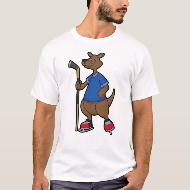 Kangaroo at Ice hockey with Ice hockey stick T-Shirt (Front)