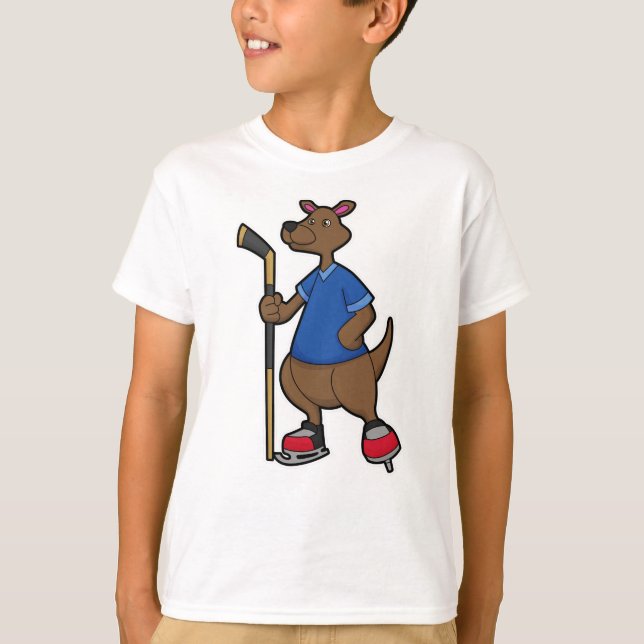 Kangaroo at Ice hockey with Ice hockey stick T-Shirt (Front)