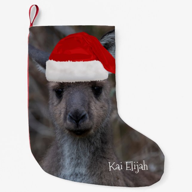 Kangaroo Australia Animal Red Santa Hat Small Christmas Stocking (Front)