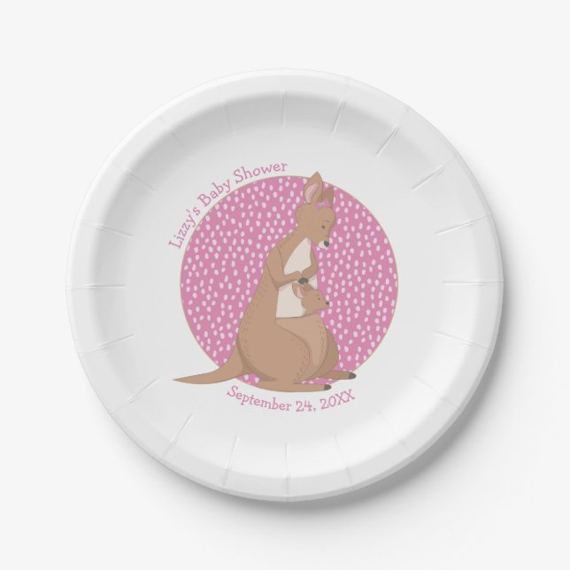 Kangaroo Baby Girl Shower Tan and Pink Pattern Paper Plate (Front)