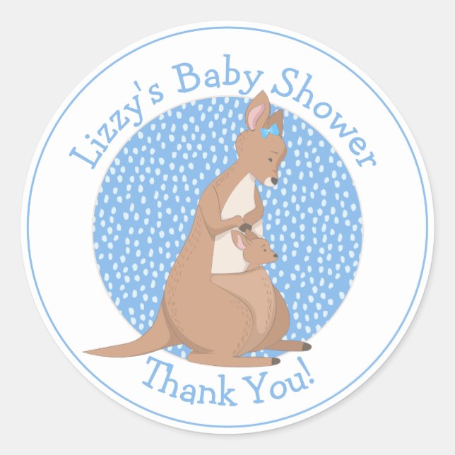 Kangaroo Baby Shower Blue Thank You Classic Round Sticker (Front)