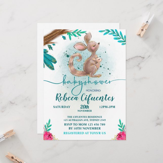 Kangaroo Baby Shower Invitation (Front/Back In Situ)
