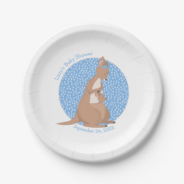 Kangaroo Baby Shower Tan and Blue Pattern Paper Plate (Front)