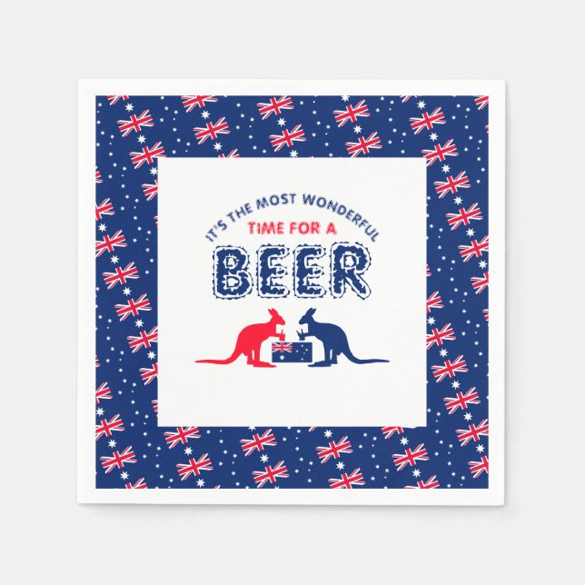 Kangaroo Beer, Australian Flag, Christmas Party Napkin (Front)