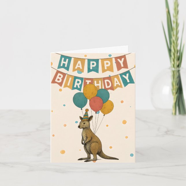 Kangaroo Birthday Card – Cute Animal with Balloons (Front)