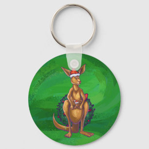 Kangaroo Christmas on Painted Green Back Key Ring