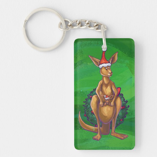 Kangaroo Christmas on Painted Green Back Key Ring (Front)