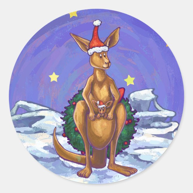 Kangaroo Christmas Starry Night Classic Round Sticker (Front)