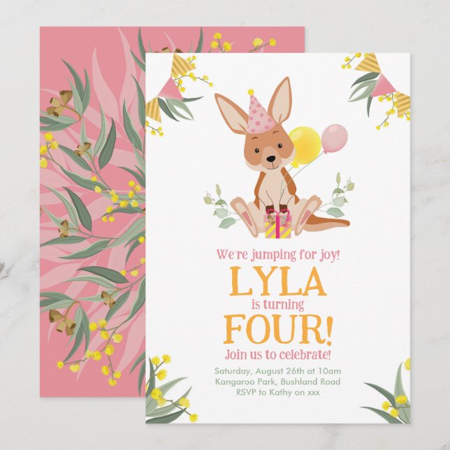 Kangaroo Girl Birthday Invitation (Front/Back)