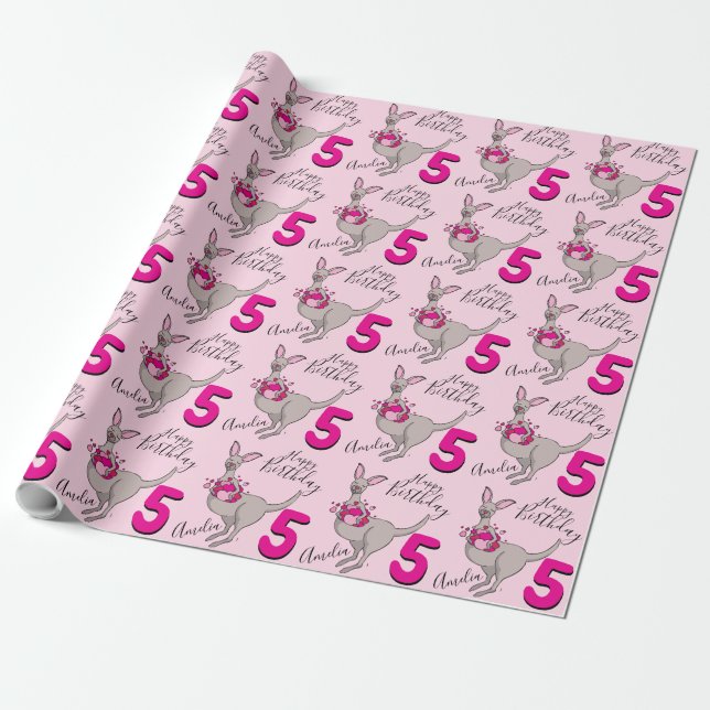 Kangaroo girls 5th birthday name pink wrapping wrapping paper (Unrolled)