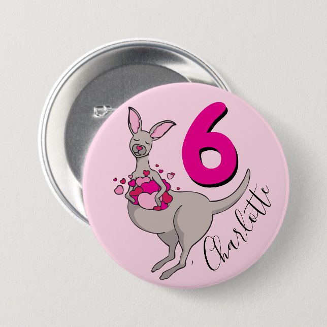 Kangaroo girls 6th birthday name pink button (Front & Back)