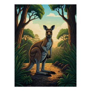 Kangaroo in Sunlit Forest Poster