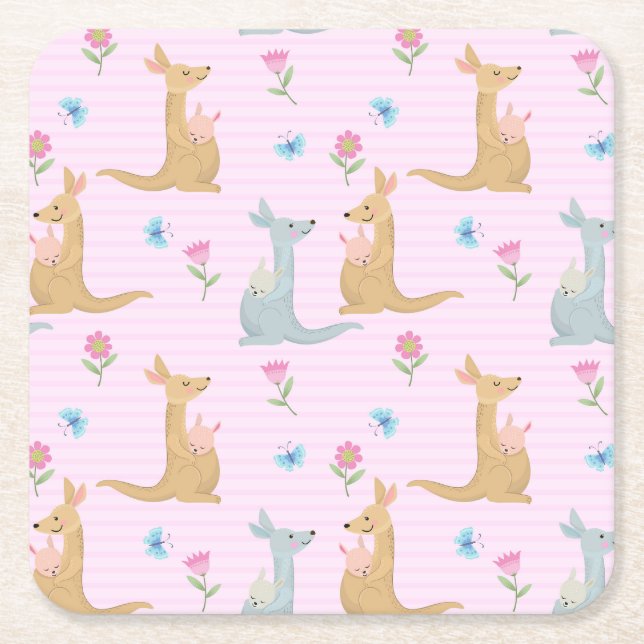 Kangaroo Moms and Babies Square Paper Coaster (Front)