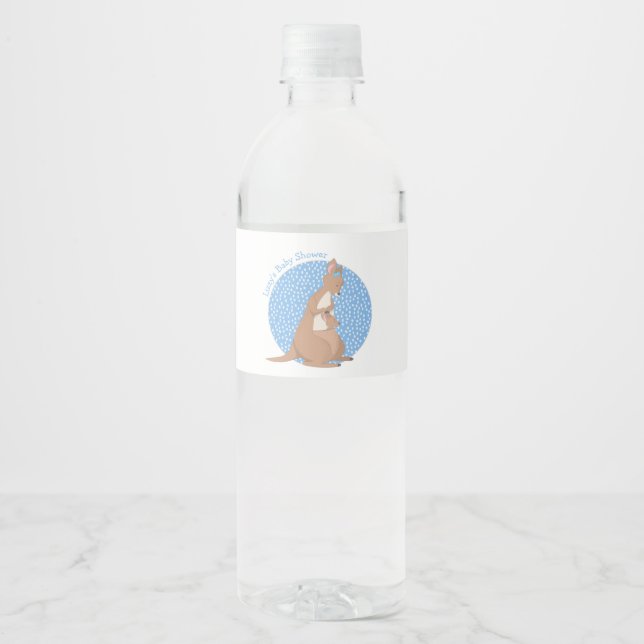 Kangaroo Mummy and Baby Joey Blue Shower Water Bottle Label (Front)