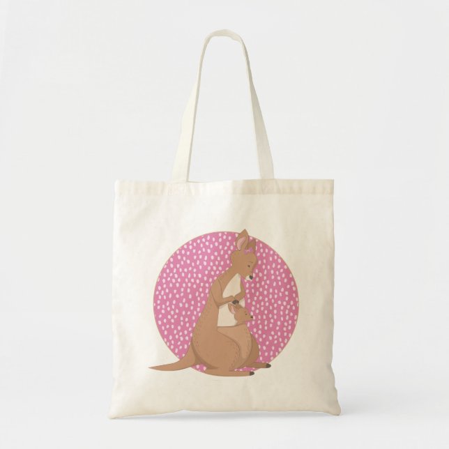 Kangaroo Mummy and Baby Joey on Pink Pattern Tote Bag (Front)