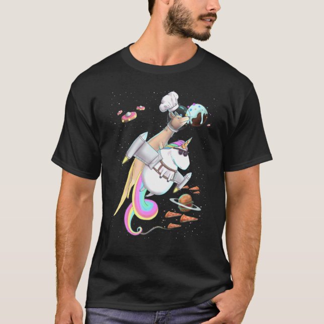Kangaroo Riding Unicorn Food Pizza Space Party Pla T-Shirt (Front)