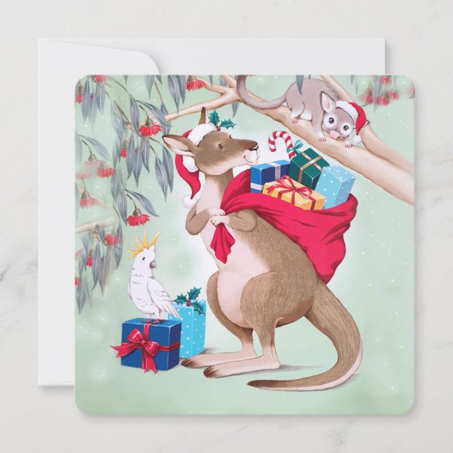 Kangaroo Santa Bag Possum Cockatoo Merry Christmas Holiday Card (Front)