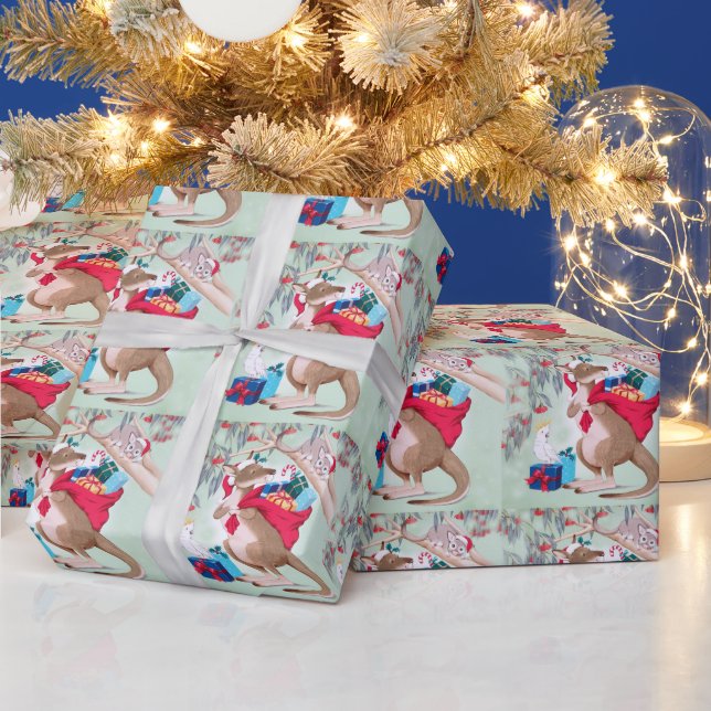 Kangaroo Santa Bag Possum Cockatoo Merry Christmas Wrapping Paper (Holidays)