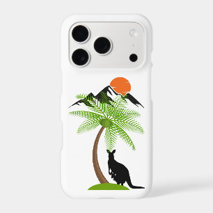 Kangaroo Silhouette with Palm Tree and Mountains