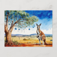 Kangaroo under gumtree with Christmas baubles