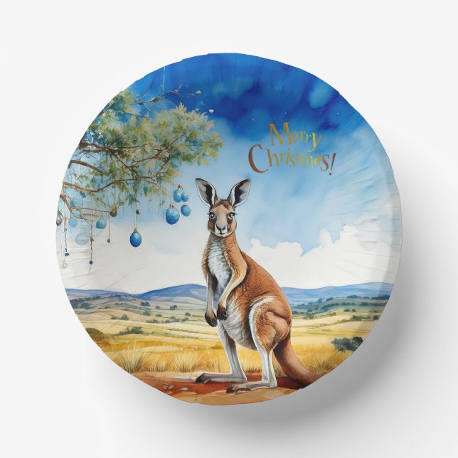 Kangaroo under gumtree with Christmas baubles Paper Plate (Front)