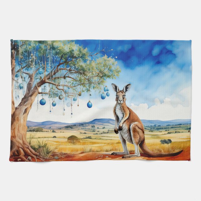 Kangaroo under gumtree with Christmas baubles Tea Towel (Horizontal)
