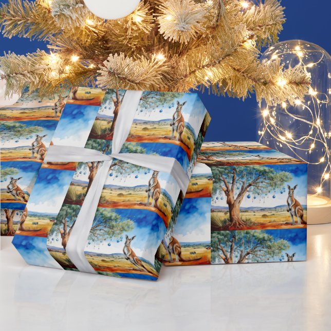 Kangaroo under gumtree with Christmas baubles Wrapping Paper (Holidays)