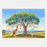 Kangaroo under gumtree with Christmas baubles