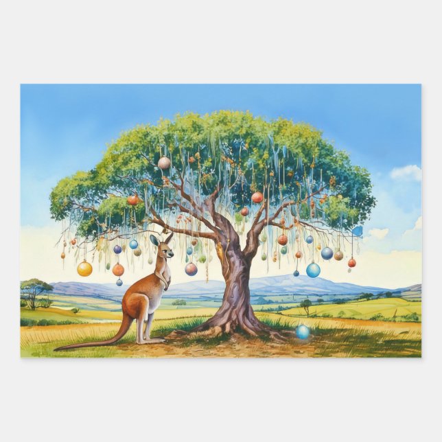 Kangaroo under gumtree with Christmas baubles Wrapping Paper Sheet (Front)