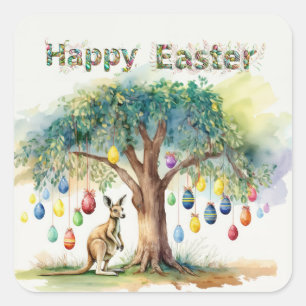 Kangaroo under gumtree with Easter eggs Square Sticker