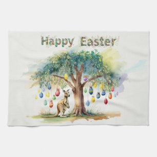 Kangaroo under gumtree with Easter eggs Tea Towel