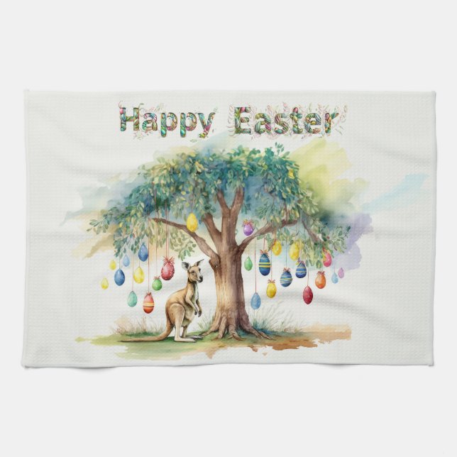 Kangaroo under gumtree with Easter eggs Tea Towel (Horizontal)