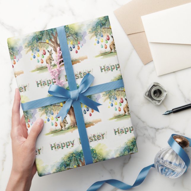 Kangaroo under gumtree with Easter eggs Wrapping Paper (Gifting)
