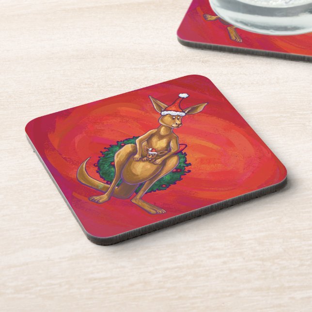 Kangaroo Xmas On Red Coaster (Left Side)