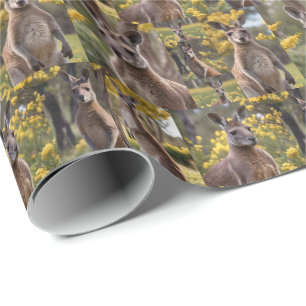 Kangaroos And Wattle Trees Photo Collage, Wrapping Paper