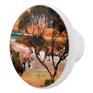 Kangaroos At The Beach Oil Paint, Ceramic Knob