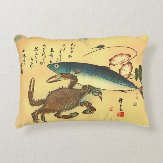 Kani or Kegani & Saba - Hiroshige's Japanese Fish Decorative Cushion (Front)