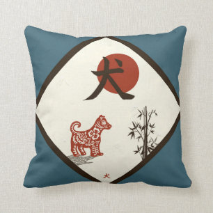 Kanji Dog on Blue Cushion