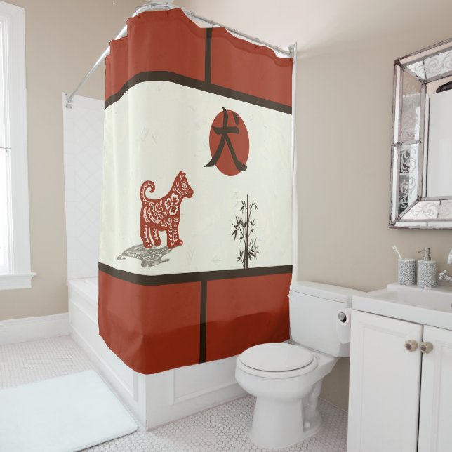 Kanji Dog on Red Shower Curtain (In Situ)